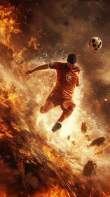 Fiery soccer striker leaping through explosive inferno storm.