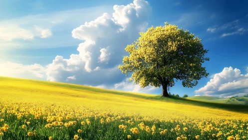 Single flowering tree dominates bright yellow spring field