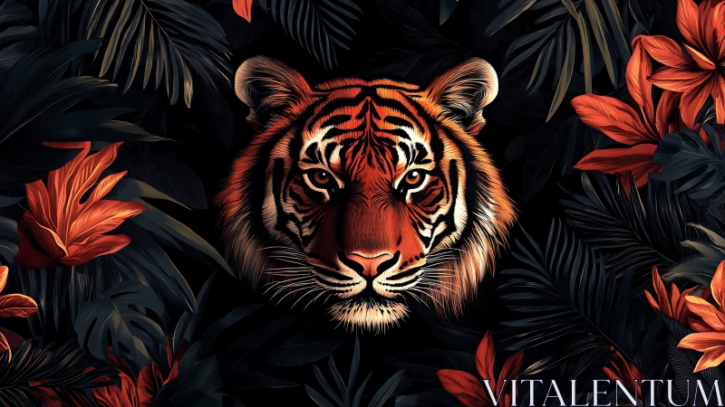Digital tiger portrait centered in dark tropical foliage field
