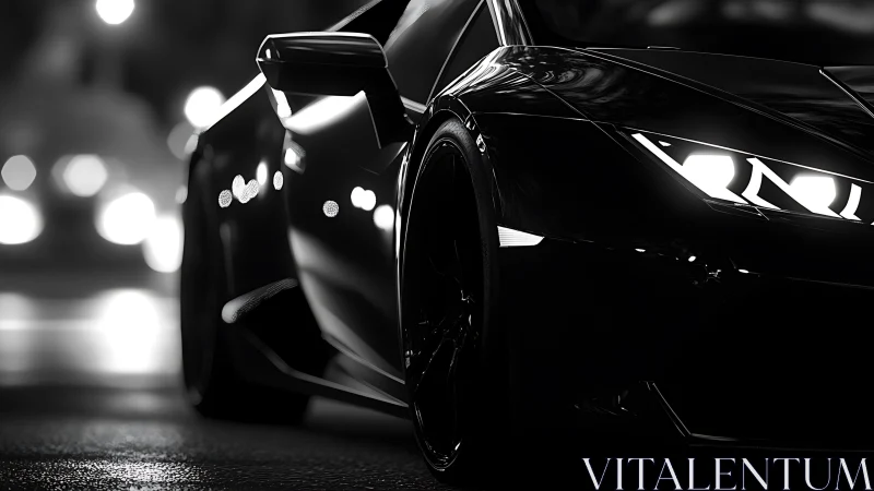 Low-key monochrome close-up of sports car at night.
