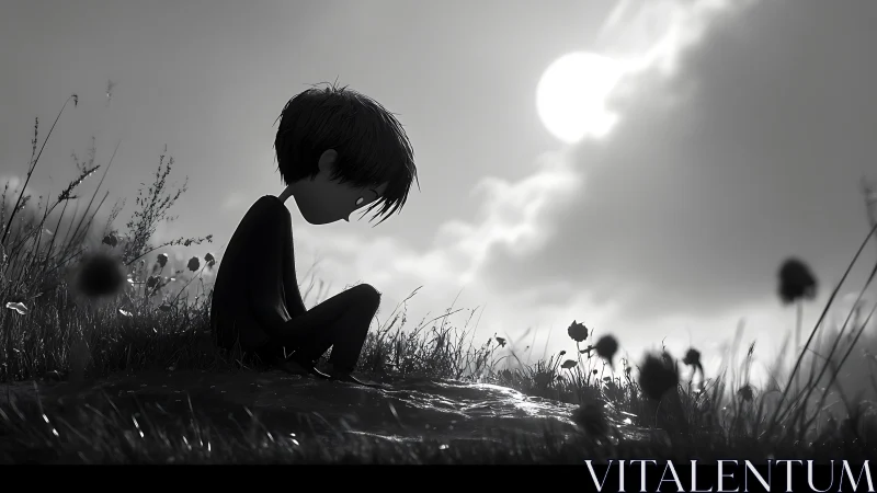 Monochrome 3D boy silhouette in contemplative meadow tableau.