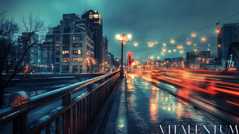 Rain-soaked city bridge glows with neon traffic trails.