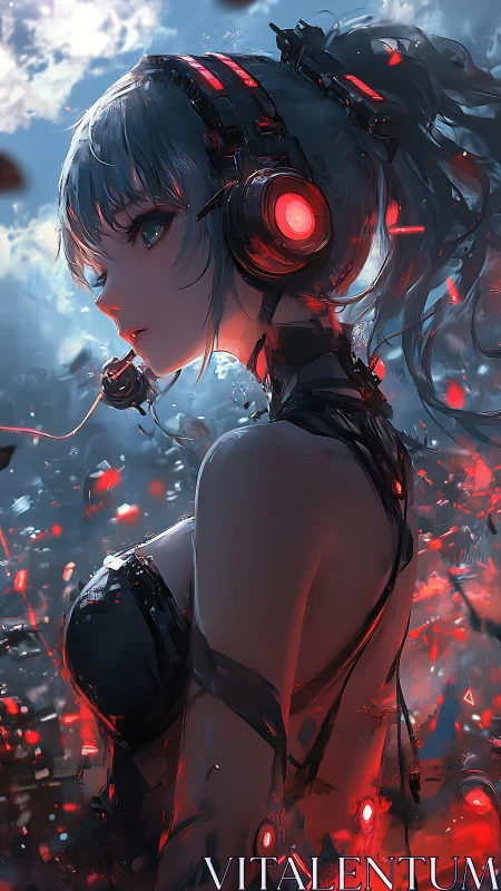 Neon cyberpunk girl listens amid glowing digital shards.