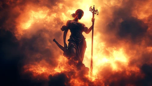 Blindfolded justice goddess rises through burning clouds.
