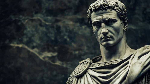 Strong marble Roman statue gazes calmly into shadowed space