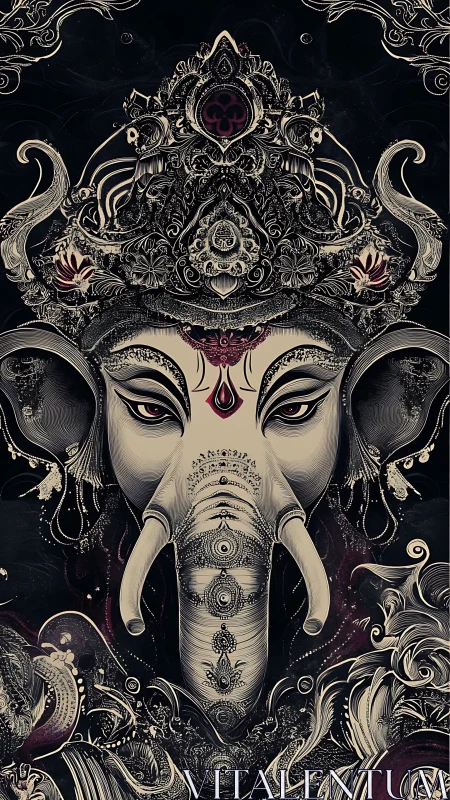 Ornate cosmic elephant deity with hypnotic gaze and sigils.