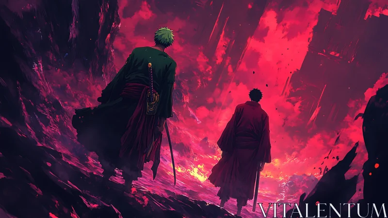 Samurai warriors stride through a burning crimson wasteland