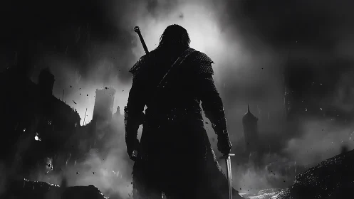Lone armored warrior in stormlit ruined battleground silhouette.
