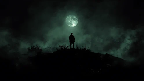 Lone midnight wanderer converses silently with a ghostly moon