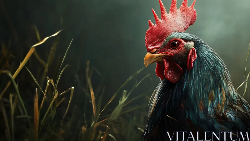 Black rooster with red comb in field setting.