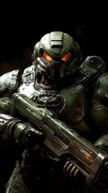 Armored sci fi soldier in green power suit holding rifle.