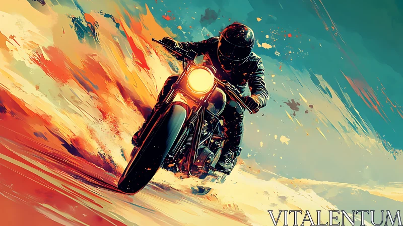 Motorcyclist rides forward through abstract color streaks