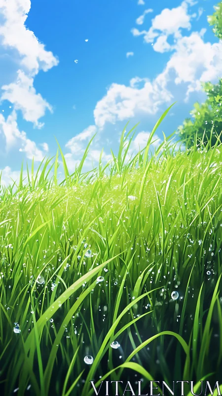 Morning dew on sunlit meadow grass under blue sky.