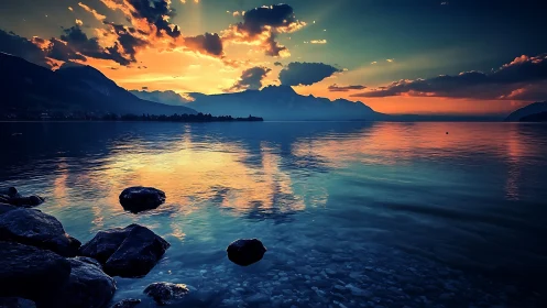 Photorealistic alpine lake sunset with mirrored sky reflection.