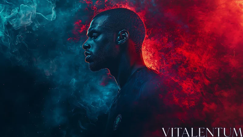 Profile portrait in dual-tone red and cyan atmospheric smoke field