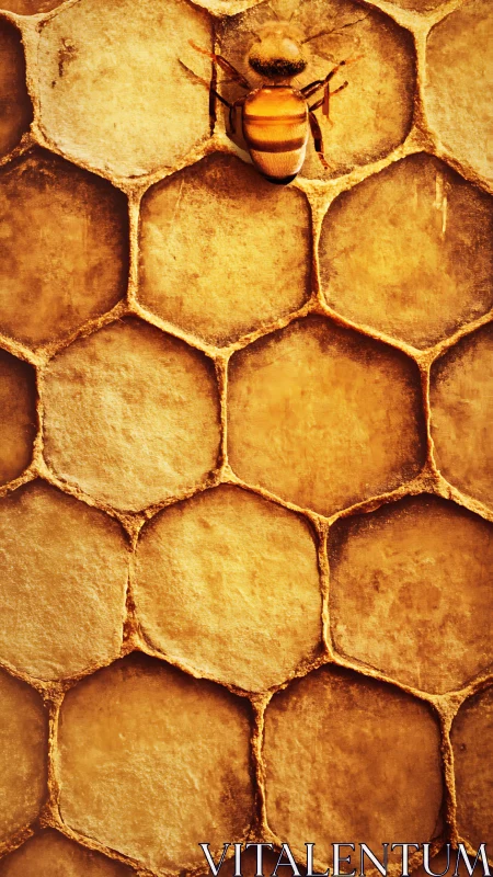 Honeybee resting on warm golden honeycomb cells in closeup