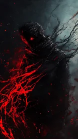 Shadowy figure unleashes red energy in a storm of darkness