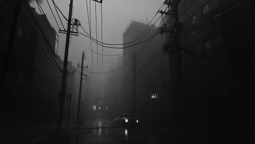Fog-drowned alleyway where a lone car stitches through gloom.