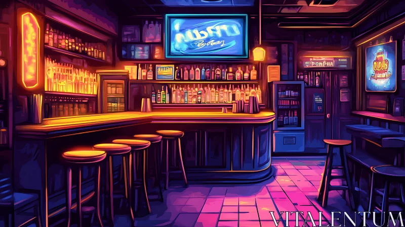 Neon-lit cocktail bar glows with bold futuristic ambience.