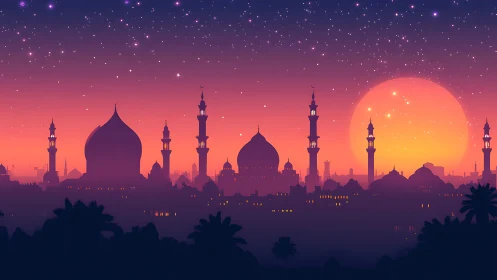 Dreamy desert skyline glowing under a starlit sunset.