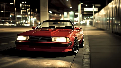 Red convertible cruises through a cinematic neon city night