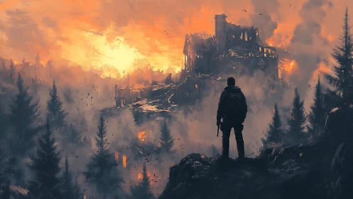 Lone survivor watches burning fortress over smoky forest