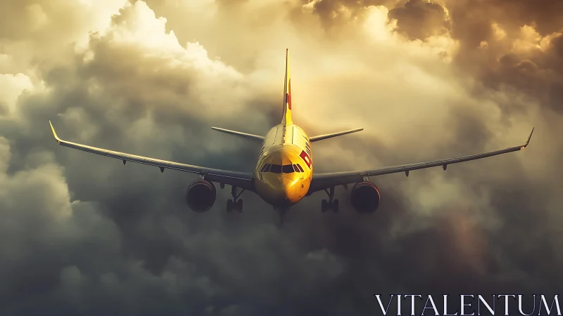 Yellow commercial jet penetrates storm cloud layer under dramatic backlight