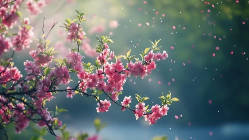 Pink blossoms drift through soft-focus garden light.