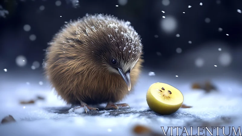 Kiwi Bird in Winter Snow with Fruit Still Life.