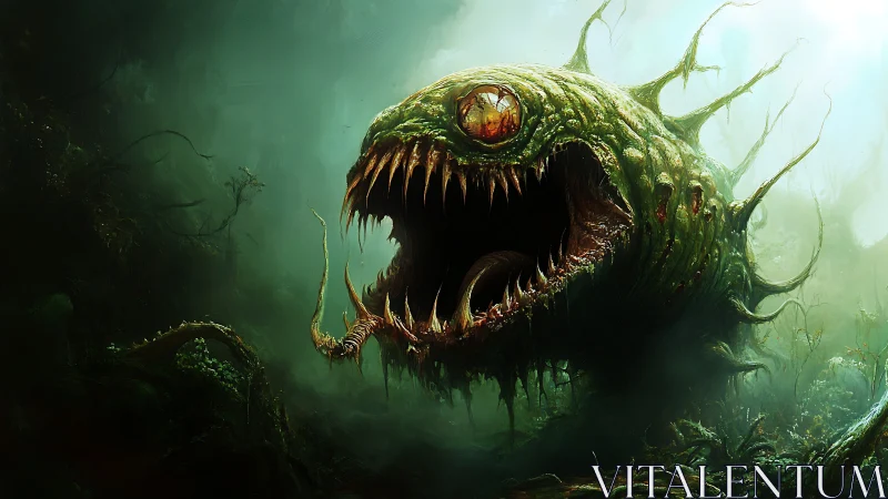 Ferocious swamp monster with gaping jaws in green mist