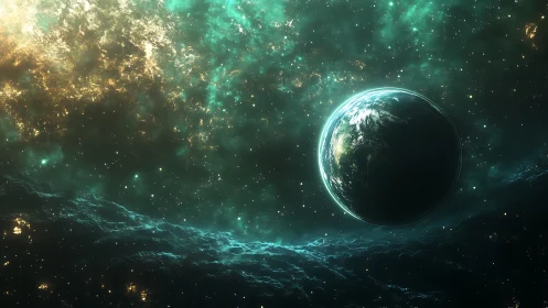 Lone blue planet illuminated against dense teal stellar clouds