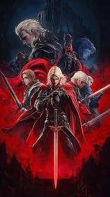 Gothic vampire swordsmen montage under crimson castle sky