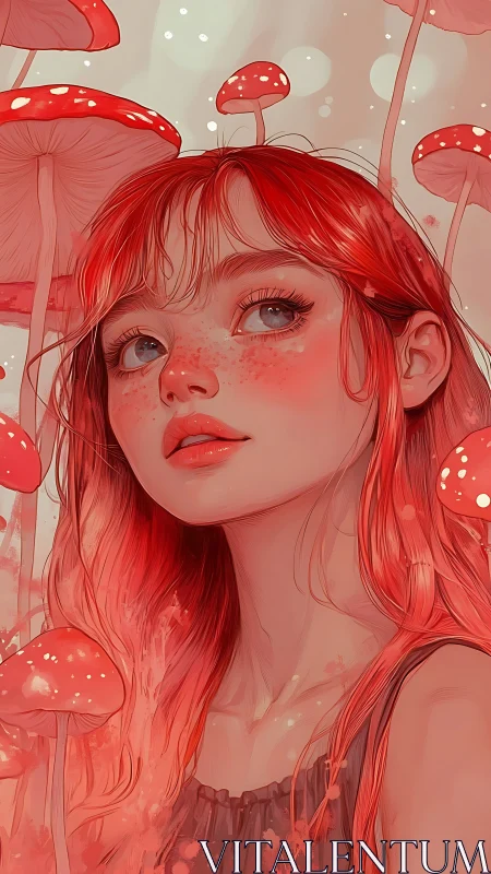 Red haired girl surrounded by red mushrooms in soft light
