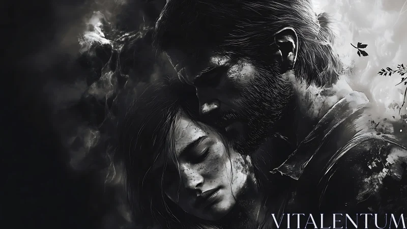 Monochrome Intimacy. Two figures lost in tender embrace against stormy atmosphere.