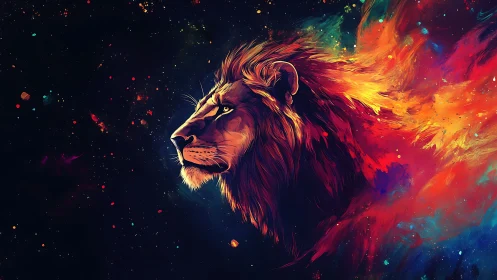 Digital painting of cosmic lion profile with nebula mane.