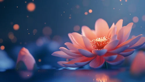 Luminous coral-hued lotus flower rendered with bokeh particle effects.
