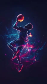 Neon night dunk suspended in swirling cosmic color.