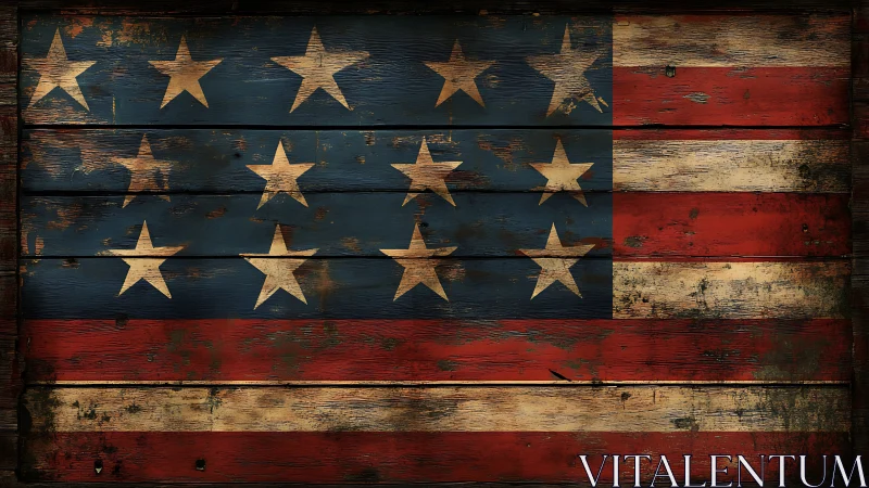 Weathered American flag painted across rustic wood planks.
