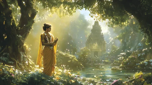 Golden robed figure stands in lush forest before temple