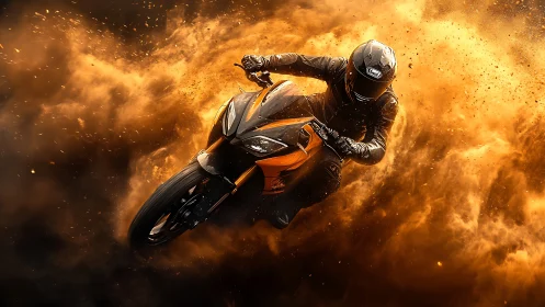 Motorcyclist carves through blazing clouds of dust and light