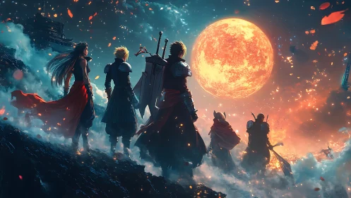 Heroic warriors confront colossal burning moon in mist.