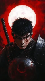 Brooding armored swordsman under full blood-red moon.