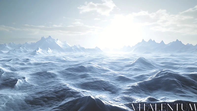 Sunlit frozen terrain with distant mountain ridges under sky.