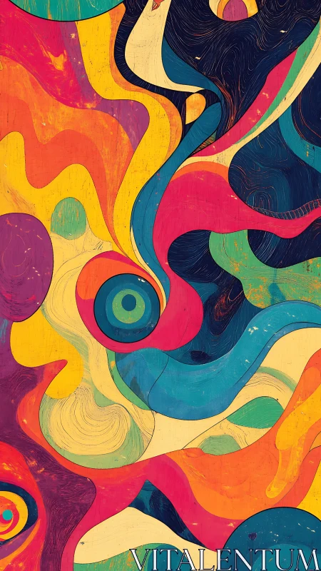 Abstract swirling shapes in bold retro color palette.