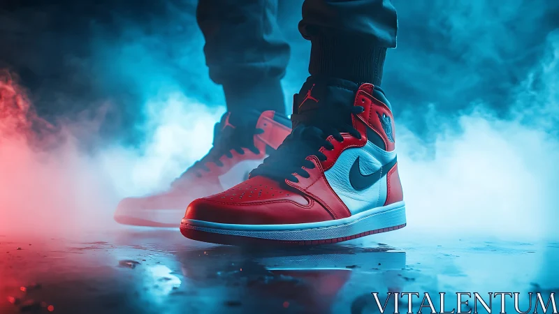Red and white sneakers glow in dramatic neon smoke scene.