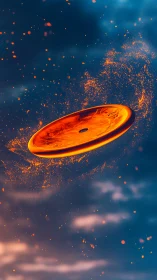 Solar ember disc spins through twilight-ignited sky.