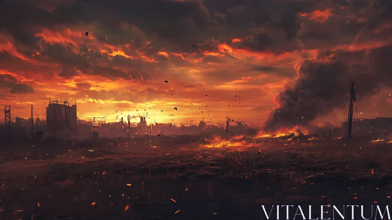 Burning post apocalyptic city under blazing ember sky.