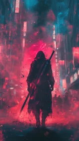 Lone cyberpunk swordsman strides through neon firestorm.