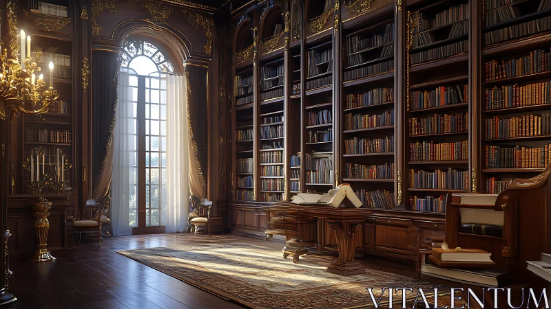 Sunlit baroque library interior with ornate woodwork and tall stacks