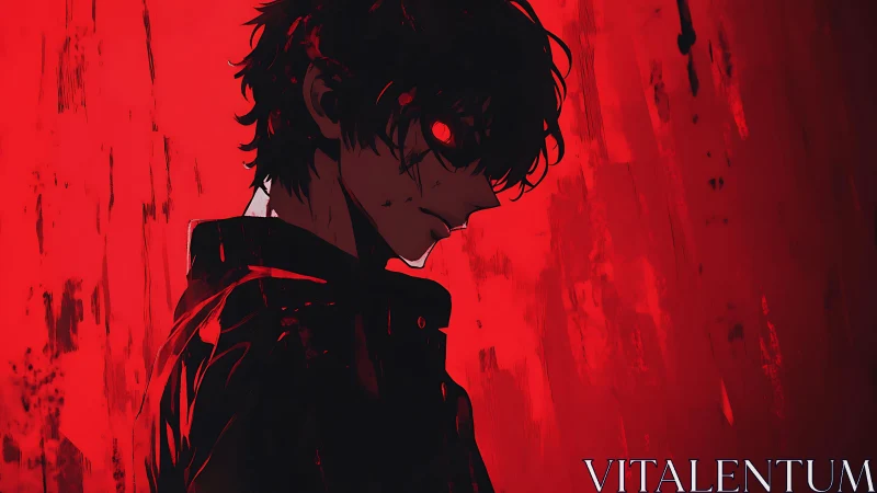 Dark-haired anime figure stands in red-lit shadow profile